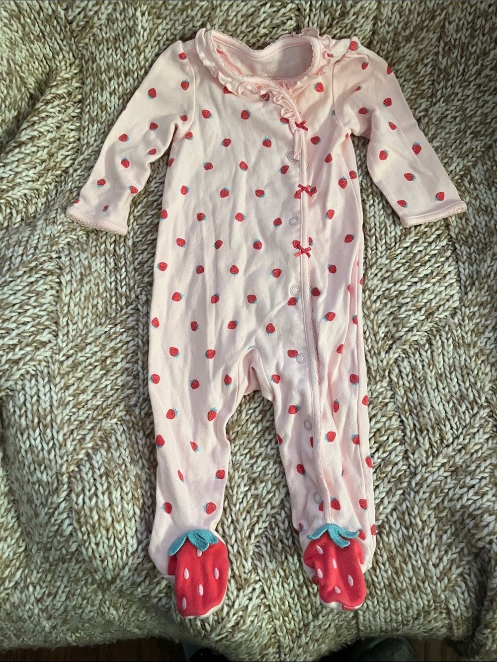Baby Pink Strawberry-Print Footed One-Piece